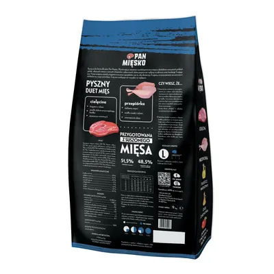 Pan Miesko packaging with visible Polish text, meat illustrations, nutritional info, feeding table, and percentages: 51.5%, 48.5%. Large size marked L. QR code also shown.
