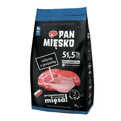 Pan Mięsko, 51.5% mięsa, hipoalergiczna, cielęcina z przepiórką, przygotowana z suszonego mięsa, 9 kg. Text in Polish.