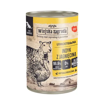 Wiejska Zagroda, lättsmält, kalkon med lamm, 96,8 % kött och buljong, 0 % spannmål, havsalger spirulina, hypoallergen, helfoder för vuxna hundar.