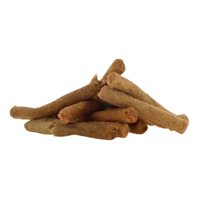 A stack of brown, elongated snacks in stick form.