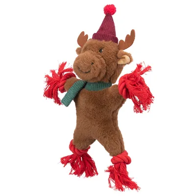 Brown plush toy in the shape of a moose with a red hat, green scarf, and red rope knots on arms and legs.