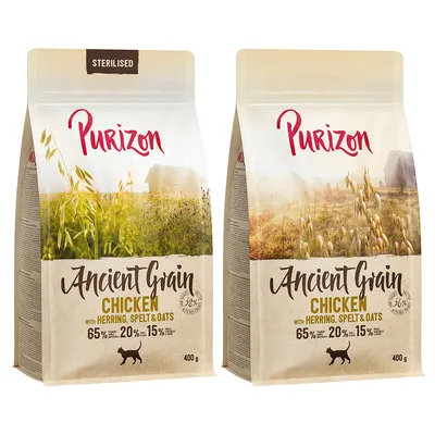Purizon Ancient Grain Chicken with Herring, Spelt & Oats, 65 % živočíšnych zložiek, 20 % staré obilniny, 15 % zelenina, balenie 400 g, nápis Sterilised na jednom vrecku.