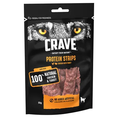 Protein strips made with 100% natural chicken and turkey, no added artificial colours or flavours, 55g pack. Reseal for freshness.
