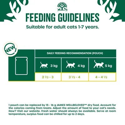 Feeding guidelines for adult cats aged 1-7 years: 3kg cat, 2.5-3 pouches; 4kg cat, 3.5-4 pouches; 5kg cat, 4-4.5 pouches daily. One pouch can be replaced by 15-16g dry food.