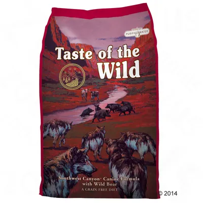 Taste of the Wild hundefoder, Southwest Canyon Canine Formula with Wild Boar, A Grain-Free Diet, PURIFIED WATER. Billede af ulve og vildsvin på posen.