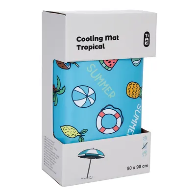 Tiaki Cooling Mat Tropical, blue cooling mat with summer motifs, size 50 x 90 cm. Packaging shows symbols for cooling function and easy cleaning.
