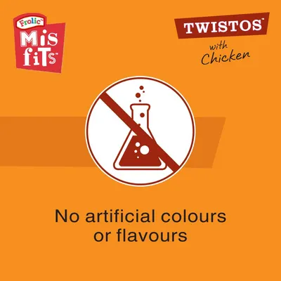 No artificial colours or flavours. Twistos with chicken. Frolic Misfits branding shown.