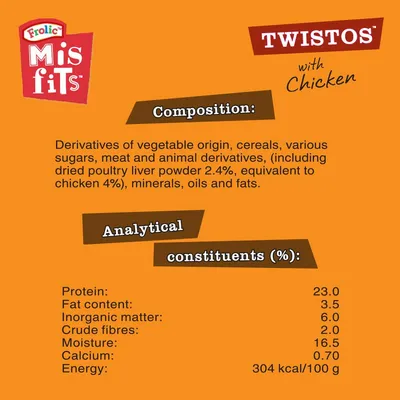 Product composition: vegetable origin, cereals, sugars, meat and animal derivatives, minerals, oils, fats. Analytical values: protein 23%, fat 3.5%, energy 304 kcal/100g.