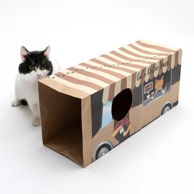 Kartonový domček pre mačky v tvare Coffee Trucku s nápisom 'Cat's Coffee Truck' a bočným vstupným otvorom. Čierno-biela mačka vedľa.