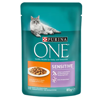 Purina ONE Sensitive kattenvoer, 85 g. Zarte Stückchen in Sauce mit Huhn und Karotten. Tekst in Duits: Fördert nachweislich die Gesundheit des Verdauungstrakts, Hohe Verdaulichkeit.