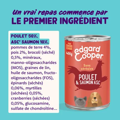 Edgard Cooper nourriture humide pour chiens âgés, 400g, avec 50% de poulet, 10% de saumon certifié ASC, pommes de terre, pois, brocoli, minéraux et autres ingrédients. Sans céréales.