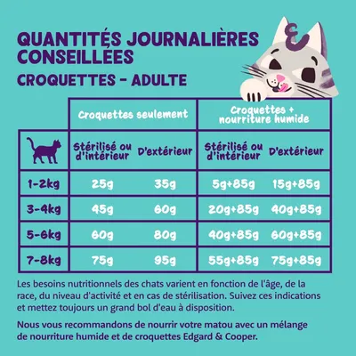 Tableau d’alimentation pour chats adultes : quantités quotidiennes recommandées selon poids, activité et stérilisation. Mélange de croquettes et pâtée Edgard & Cooper recommandé.