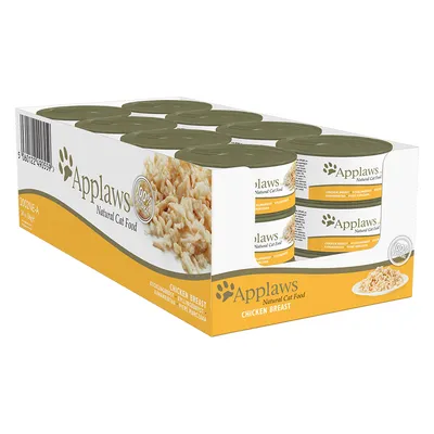 Lot de boîtes Applaws Natural Cat Food, Chicken Breast. Texte visible : 100 % naturel, poitrine de poulet. Image de nourriture pour chat sur l’emballage.