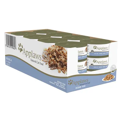 Pack de 24 boîtes Applaws Natural Cat Food Ocean Fish, 156 g chacune, mention 100 % natural visible sur l’emballage. Illustration de nourriture pour chat sur la boîte.