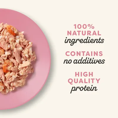 Tekst na engleskom: 100% natural ingredients, contains no additives, high quality protein. Prikaz hrane na ružičastom tanjuru.