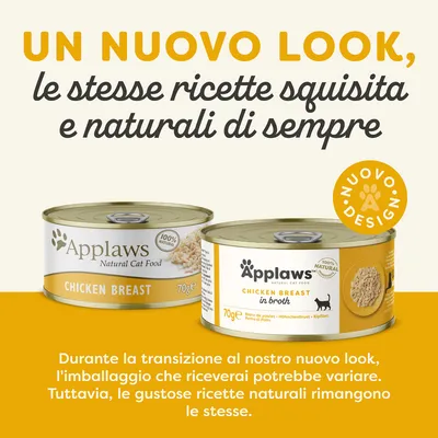 Un nuovo look, le stesse ricette squisita e naturali di sempre. Applaws Natural Cat Food Chicken Breast 70g, nuovo design. Durante la transizione l'imballaggio potrebbe variare.