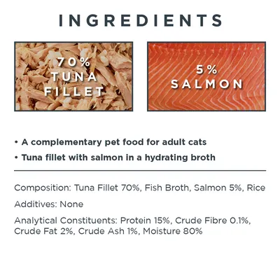 Zutaten: 70% Thunfischfilet, 5% Lachs. Ergänzungsfutter für erwachsene Katzen. Zusammensetzung: Thunfischfilet 70%, Fischbrühe, Lachs 5%, Reis. Keine Zusatzstoffe. Protein 15%, Feuchtigkeit 80%.