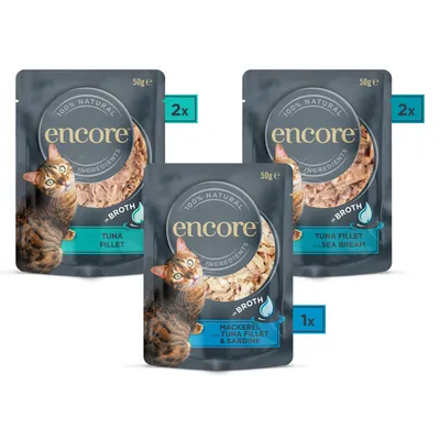 Encore Katzenfutter, 100% natürliche Zutaten. Packung: 2x Thunfischfilet, 2x Thunfischfilet mit Meerbrasse, 1x Makrele mit Thunfischfilet und Sardine, je 50g.