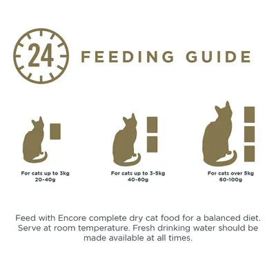 Fütterungsempfehlung für Katzen: bis 3kg 20-40g, 3-5kg 40-60g, über 5kg 60-100g. Trockenfutter bei Raumtemperatur servieren, frisches Trinkwasser stets bereitstellen.
