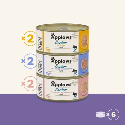 Applaws Senior cat food in jelly, 6 cans of 70g: 2x chicken, 2x tuna with sardine, 2x tuna with salmon. For cats from 7 years. Certified B Corporation, 100% natural ingredients.