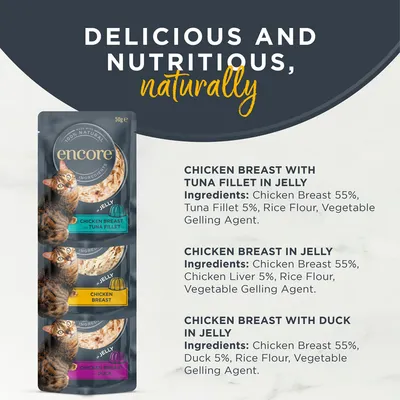 Encore Cat Jelly Pouch Multipack 5 x 50g - cat wet food - Chicken Selection 2 (3 Varieties) Encore Cat Jelly Pouch Multipack 5 x 50g - cat wet food - Chicken Selection 2 (3 Varieties)