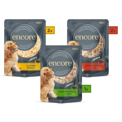Encore nedves eledel kutyáknak, 100 g tasak: 2x csirkemell, 2x csirkemell marhával, 1x csirkemell báránnyal. 100% természetes összetevők.