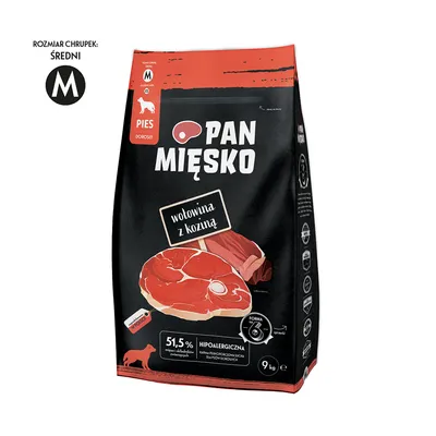 Pan Mięsko Hundefutter für Erwachsene, Geschmack: Rind mit Ziege, hypoallergen, Grösse M, 51,5% Fleischanteil, Packungsgrösse 9 kg.