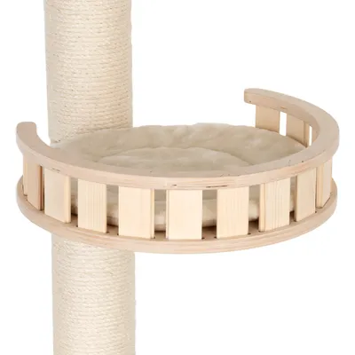 Cat tree with wooden platform and padded lying surface, sisal-wrapped post.