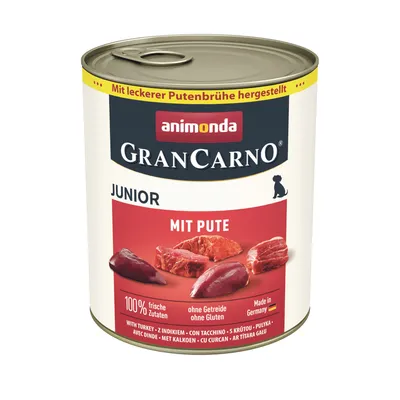 Animonda GranCarno Junior z indykiem, przygotowany na smacznej bulionie z indyka. 100% świeżych składników, bez zbóż, bez glutenu, wyprodukowano w Niemczech.