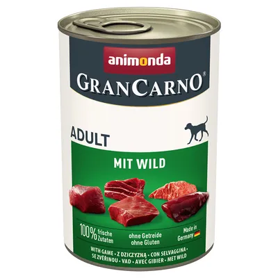 Konzerva Animonda GranCarno Adult mit Wild, 100 % frische Zutaten, ohne Getreide ohne Gluten, Made in Germany. Na etikete sú kúsky mäsa a silueta psa.