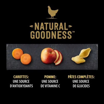 NATURAL GOODNESS. Carottes : une source d’antioxydants. Pomme : une source de vitamine C. Pâtes complètes : une source de glucides.