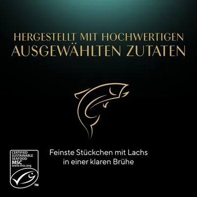 Hergestellt mit hochwertigen ausgewählten Zutaten. Feinste Stückchen mit Lachs in einer klaren Brühe. MSC-zertifizierter nachhaltiger Fischfang.