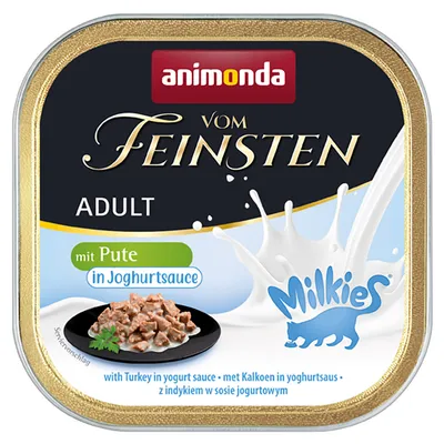 Animonda Vom Feinsten Adult mit Pute in Joghurtsauce. Milkies-Logo sichtbar. Serviervorschlag: Stücke von Pute auf schwarzem Teller.