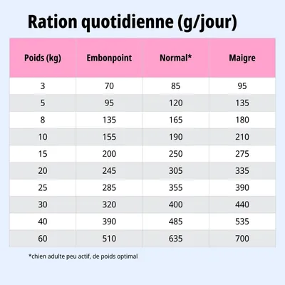 Tableau d'alimentation : ration journalière recommandée en grammes selon le poids (3 à 60 kg) et l'état corporel (en surpoids, normal, maigre). Remarque : Normal = chien adulte peu actif.