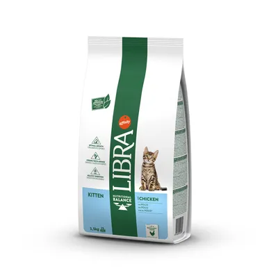 Karma sucha Libra Kitten Chicken, 1,5 kg. Na opakowaniu: kot, logo affinity, napisy KITTEN, CHICKEN, NUTRITIONAL BALANCE, brak sztucznych dodatków, informacje o wzroście i trawieniu.