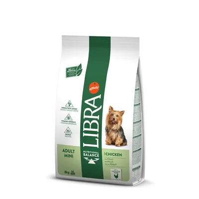Sac de croquettes pour chien Libra Nutritional Balance Adult Mini au poulet, 8 kg, 25 % protéines, vitamines et minéraux, sans colorants artificiels visibles, marque Affinity.