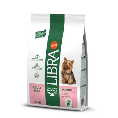 Sac de croquettes pour chien Affinity Libra Adult Mini au saumon, 3 kg, 25 % protéines, vitamines et minéraux, dents et os solides, sans arômes artificiels visibles sur l’emballage.