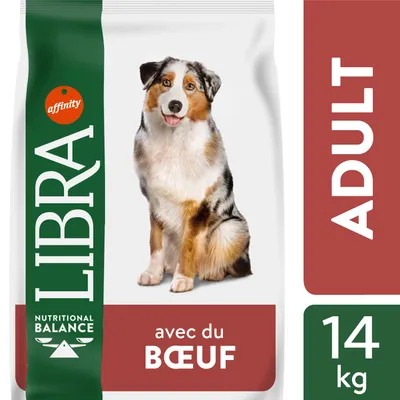 Sac de croquettes pour chien adulte Libra Nutritional Balance avec du bœuf, 14 kg, marque affinity, mention ADULT visible sur l’emballage.