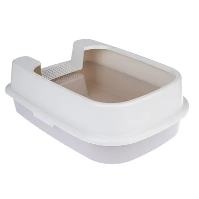 Arenero blanco para gatos con borde elevado y alfombrilla integrada para reducir la suciedad.