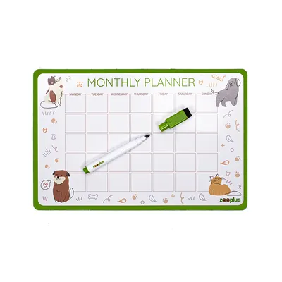 Zooplus Monthly Planner with wipeable pen, weekly overview from Monday to Sunday, decorated with animal illustrations.