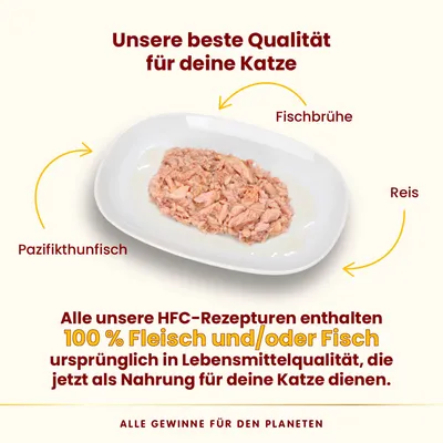 Unsere beste Qualität für Katzen: Pazifikthunfisch, Fischbrühe und Reis. HFC-Rezepturen mit 100% Fleisch oder Fisch in Lebensmittelqualität als Katzennahrung.