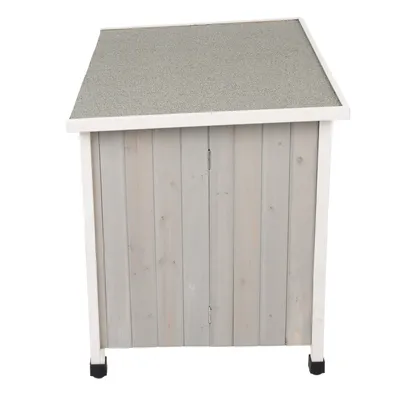 Träskåp med grått tak och vertikala träpaneler, lämplig för utomhusbruk.