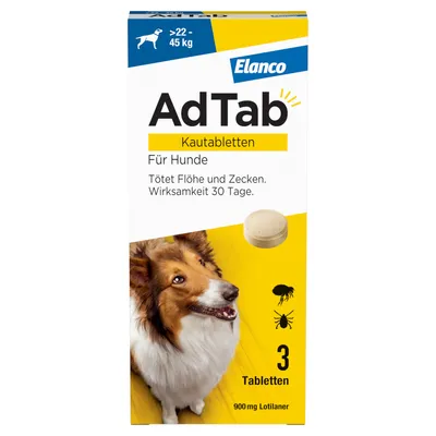 Elanco AdTab Kautabletten für Hunde über 22-45 kg. Tötet Flöhe und Zecken, Wirksamkeit 30 Tage. Packung enthält 3 Tabletten mit 900 mg Lotilaner.