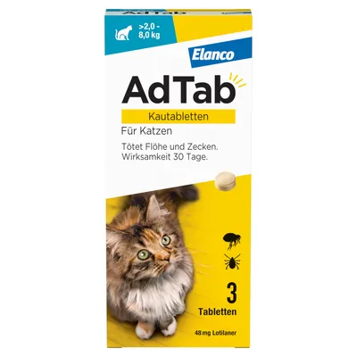 Elanco AdTab Kautabletten für Katzen, tötet Flöhe und Zecken, Wirksamkeit 30 Tage, geeignet für Katzen von 2-8 kg, Packung mit 3 Tabletten, 48 mg Lotilaner.