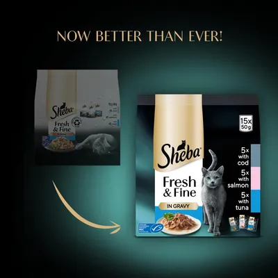 Comparison of old and new Sheba Fresh & Fine in Gravy packaging, highlighting improved design. New pack contains 15 x 50g: 5 with cod, 5 with salmon, 5 with tuna. Text: Now better than ever!