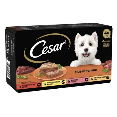 Cesar classic terrine selection, 4 x 150g trays. Includes beef and liver, chicken and turkey, poultry, and chicken with beef varieties. Made with natural ingredients. Recyclable packaging.