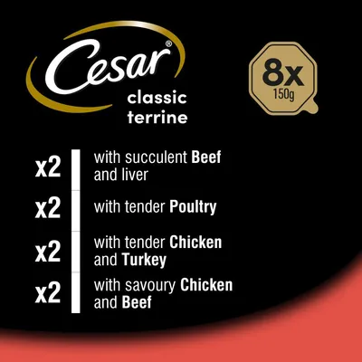 Pack contains 8 x 150g portions: 2 with beef and liver, 2 with poultry, 2 with chicken and turkey, 2 with chicken and beef. Classic terrine selection.