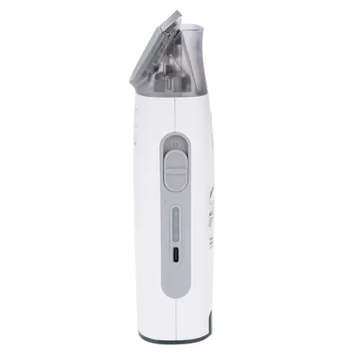 Electric pet grooming device with grey switch, LED display and USB-C charging port. Transparent lid visible on top.