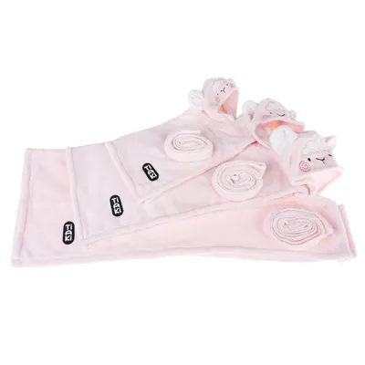 Tiaki pink hooded towels in sheep design, three sizes visible, made of soft fabric. Ideal for pet care.