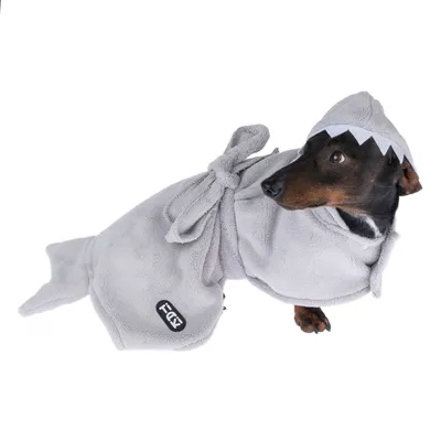 Dog in grey bathrobe with shark design and Flectalon logo, suitable for pets after bathing.
